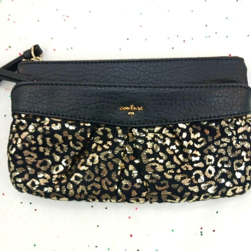 Juicy Couture Gold Metallic Leopard Print Wristlet Black with Two Zip Pockets...